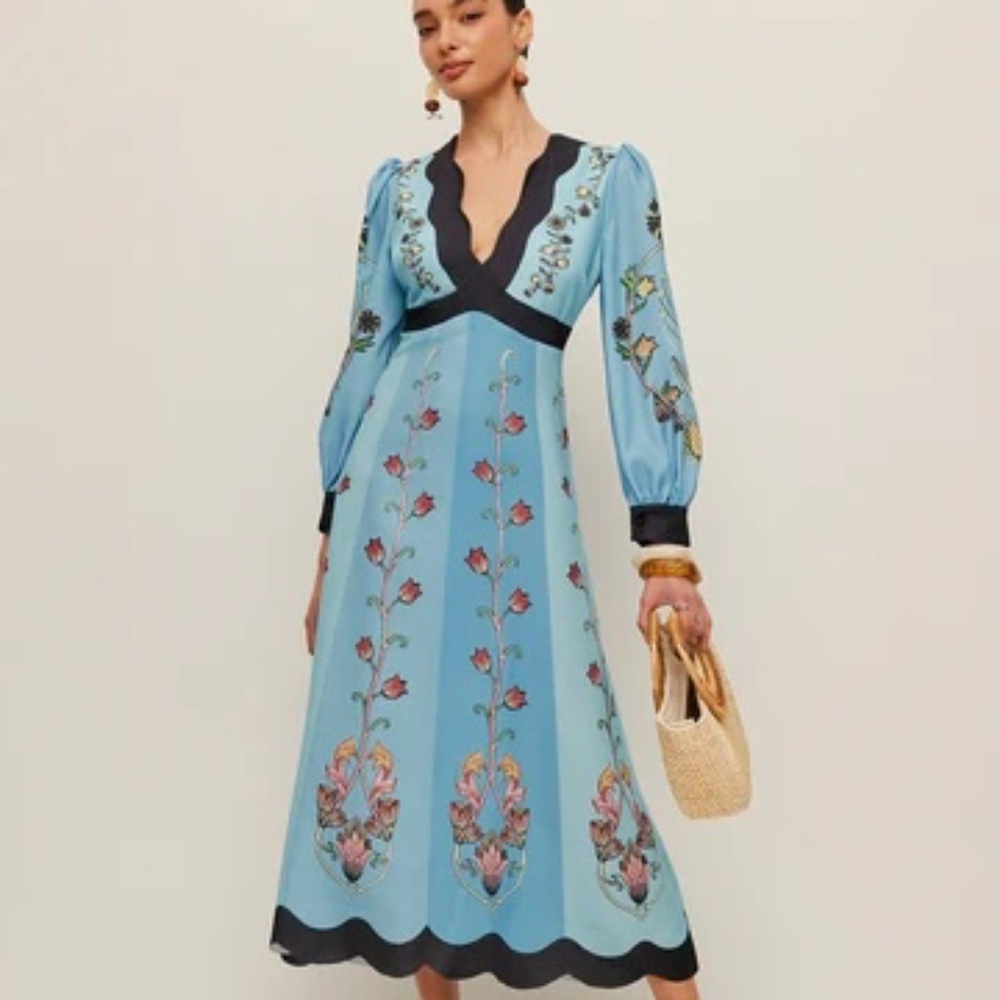 Boho Open-Back Puff Sleeve Floral Scalloped Edge Dress